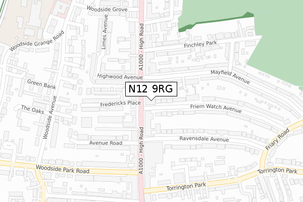 N12 9RG map - large scale - OS Open Zoomstack (Ordnance Survey)