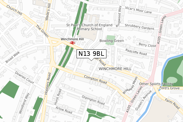 N13 9BL map - large scale - OS Open Zoomstack (Ordnance Survey)