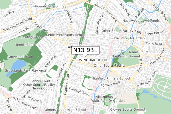 N13 9BL map - small scale - OS Open Zoomstack (Ordnance Survey)