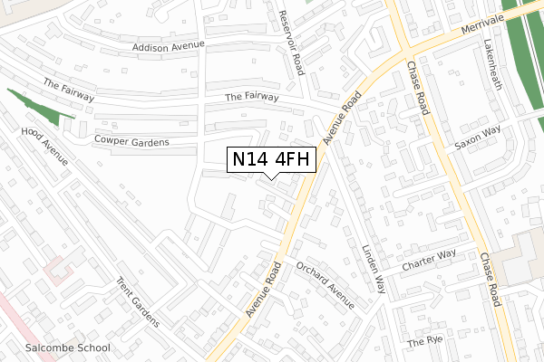 N14 4FH map - large scale - OS Open Zoomstack (Ordnance Survey)