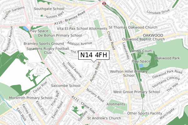 N14 4FH map - small scale - OS Open Zoomstack (Ordnance Survey)