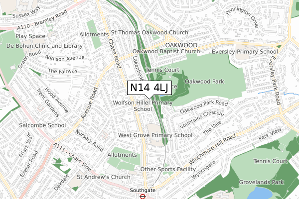 N14 4LJ map - small scale - OS Open Zoomstack (Ordnance Survey)