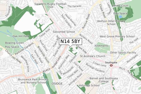 N14 5BY map - small scale - OS Open Zoomstack (Ordnance Survey)