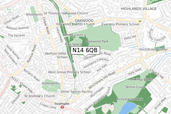 N14 6QB map - small scale - OS Open Zoomstack (Ordnance Survey)