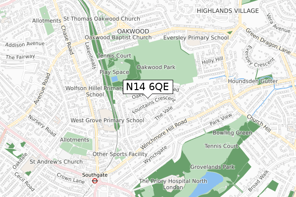 N14 6QE map - small scale - OS Open Zoomstack (Ordnance Survey)