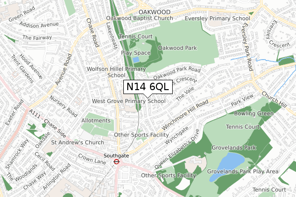 N14 6QL map - small scale - OS Open Zoomstack (Ordnance Survey)