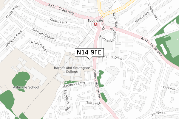 N14 9FE map - large scale - OS Open Zoomstack (Ordnance Survey)