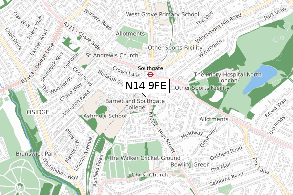 N14 9FE map - small scale - OS Open Zoomstack (Ordnance Survey)