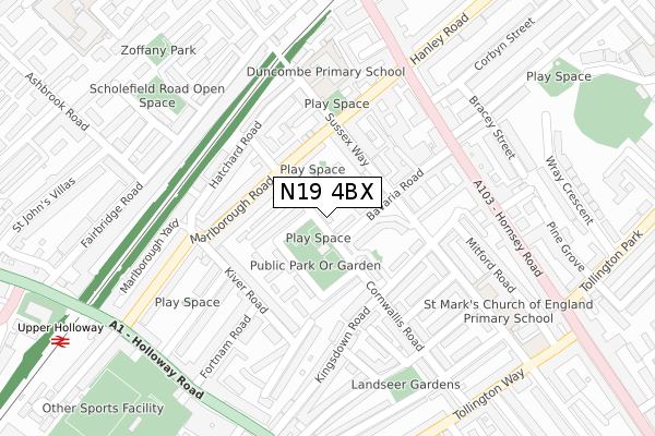 N19 4BX map - large scale - OS Open Zoomstack (Ordnance Survey)