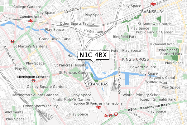 N1C 4BX map - small scale - OS Open Zoomstack (Ordnance Survey)