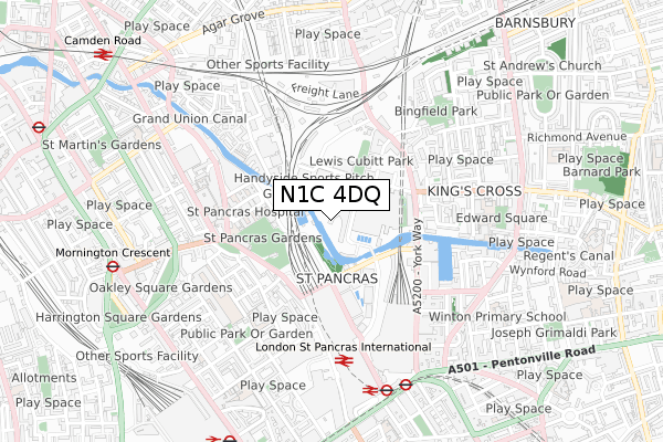 N1C 4DQ map - small scale - OS Open Zoomstack (Ordnance Survey)