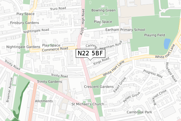 N22 5BF map - large scale - OS Open Zoomstack (Ordnance Survey)