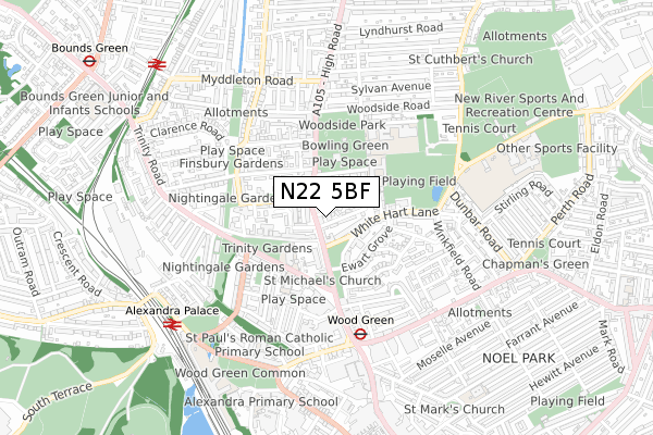 N22 5BF map - small scale - OS Open Zoomstack (Ordnance Survey)