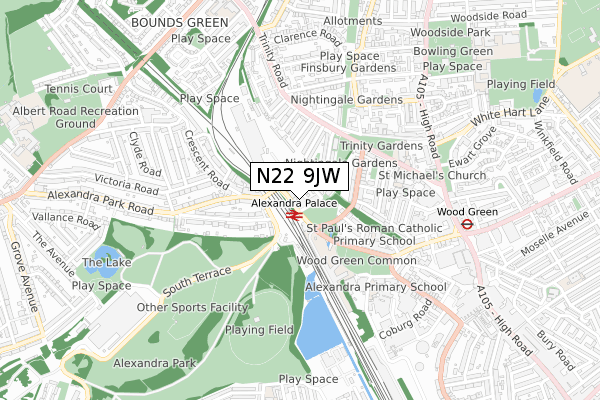 N22 9JW map - small scale - OS Open Zoomstack (Ordnance Survey)