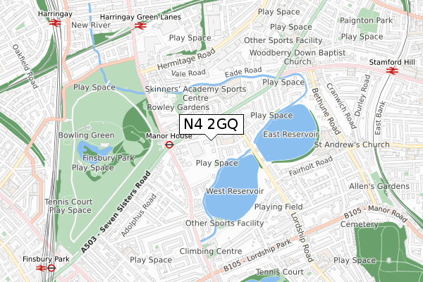 N4 2GQ map - small scale - OS Open Zoomstack (Ordnance Survey)