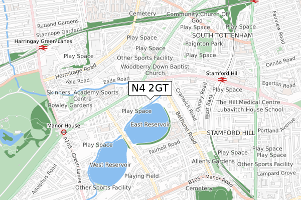 N4 2GT map - small scale - OS Open Zoomstack (Ordnance Survey)