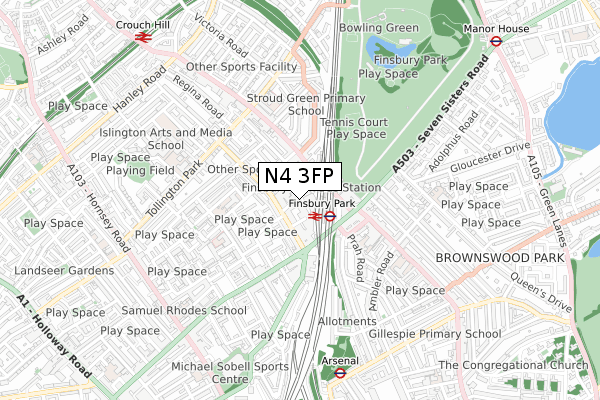 N4 3FP map - small scale - OS Open Zoomstack (Ordnance Survey)