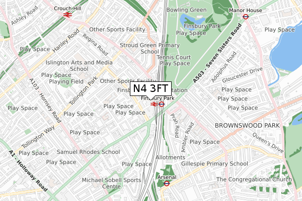 N4 3FT map - small scale - OS Open Zoomstack (Ordnance Survey)