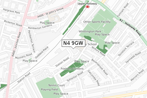 N4 9GW map - large scale - OS Open Zoomstack (Ordnance Survey)