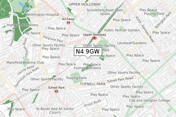 N4 9GW map - small scale - OS Open Zoomstack (Ordnance Survey)