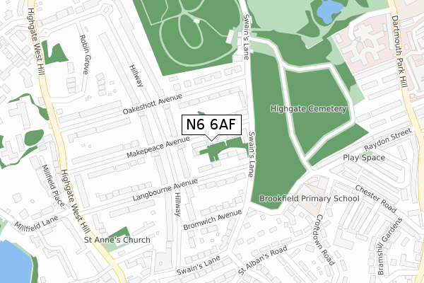 N6 6AF map - large scale - OS Open Zoomstack (Ordnance Survey)