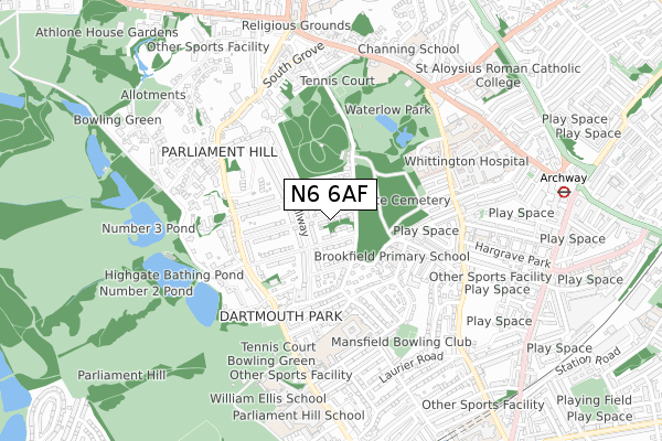 N6 6AF map - small scale - OS Open Zoomstack (Ordnance Survey)