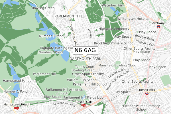 N6 6AG map - small scale - OS Open Zoomstack (Ordnance Survey)