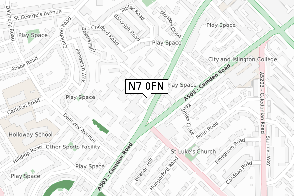 N7 0FN map - large scale - OS Open Zoomstack (Ordnance Survey)