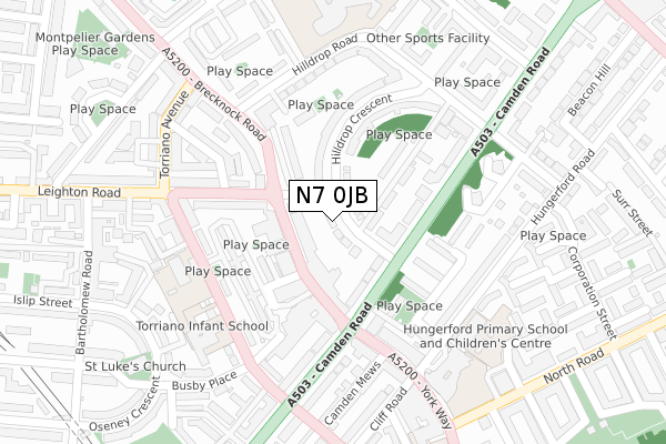 N7 0JB map - large scale - OS Open Zoomstack (Ordnance Survey)