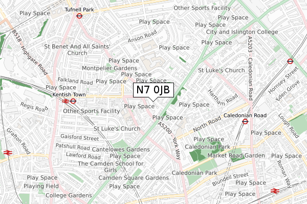 N7 0JB map - small scale - OS Open Zoomstack (Ordnance Survey)