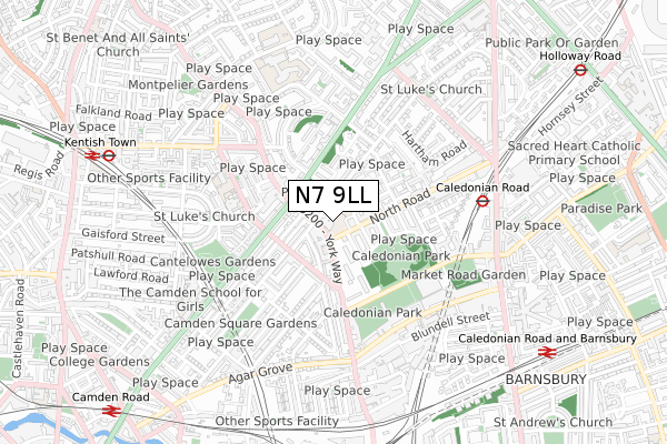 N7 9LL map - small scale - OS Open Zoomstack (Ordnance Survey)