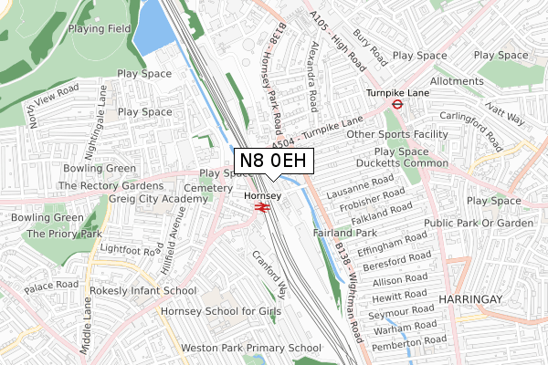 N8 0EH map - small scale - OS Open Zoomstack (Ordnance Survey)