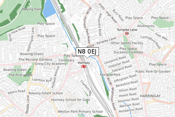 N8 0EJ map - small scale - OS Open Zoomstack (Ordnance Survey) N8 0EJ map - small scale - OS Open Zoomstack (Ordnance Survey)
