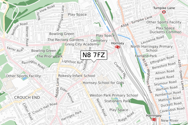 N8 7FZ map - small scale - OS Open Zoomstack (Ordnance Survey)