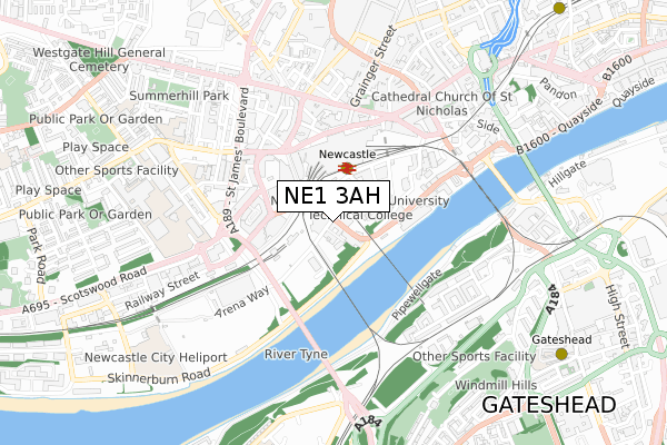 NE1 3AH map - small scale - OS Open Zoomstack (Ordnance Survey)