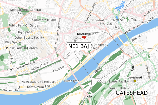 NE1 3AJ map - small scale - OS Open Zoomstack (Ordnance Survey)