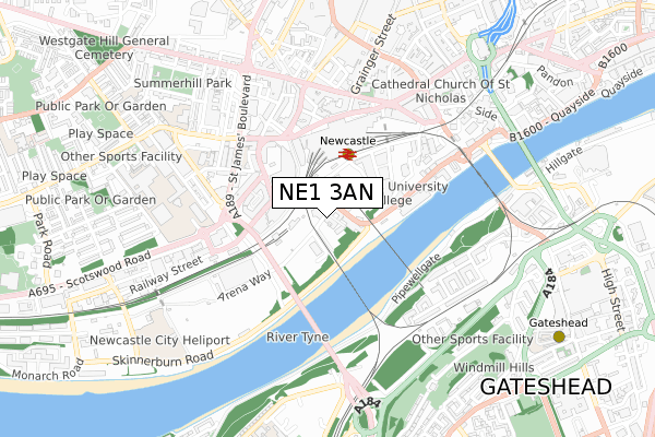 NE1 3AN map - small scale - OS Open Zoomstack (Ordnance Survey)