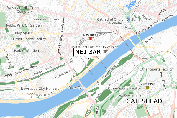 NE1 3AR map - small scale - OS Open Zoomstack (Ordnance Survey)