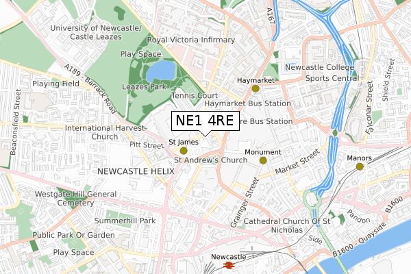 NE1 4RE map - small scale - OS Open Zoomstack (Ordnance Survey)
