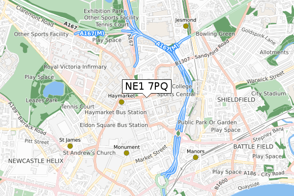 NE1 7PQ map - small scale - OS Open Zoomstack (Ordnance Survey)