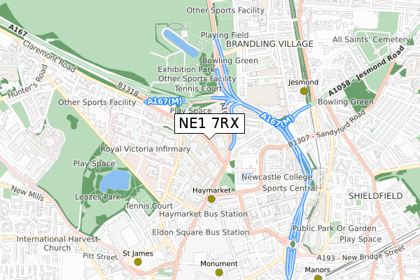 NE1 7RX map - small scale - OS Open Zoomstack (Ordnance Survey)