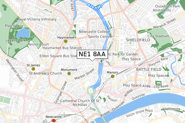 NE1 8AA map - small scale - OS Open Zoomstack (Ordnance Survey)