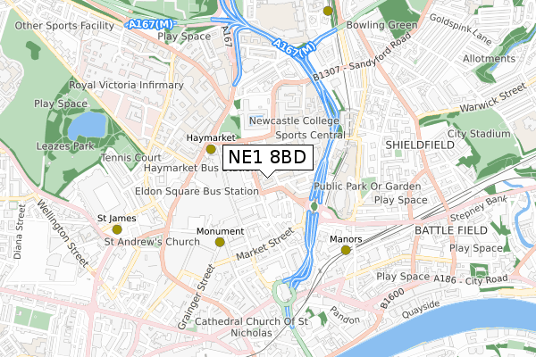 NE1 8BD map - small scale - OS Open Zoomstack (Ordnance Survey)