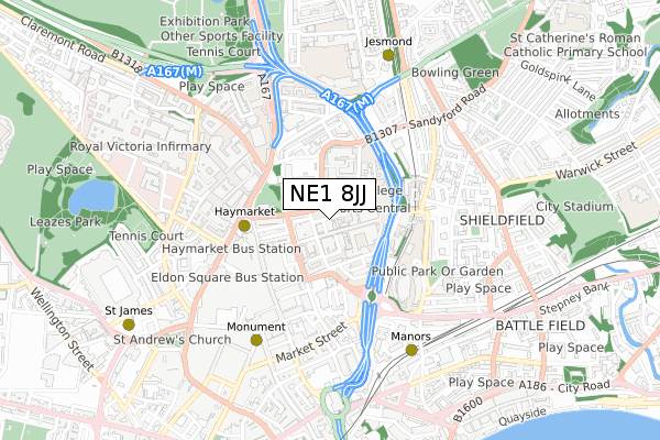 NE1 8JJ map - small scale - OS Open Zoomstack (Ordnance Survey)