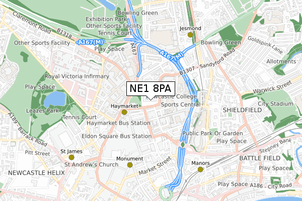 NE1 8PA map - small scale - OS Open Zoomstack (Ordnance Survey)