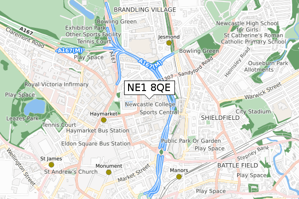 NE1 8QE map - small scale - OS Open Zoomstack (Ordnance Survey)