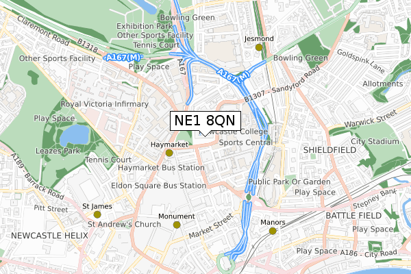 NE1 8QN map - small scale - OS Open Zoomstack (Ordnance Survey)