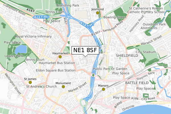 NE1 8SF map - small scale - OS Open Zoomstack (Ordnance Survey)