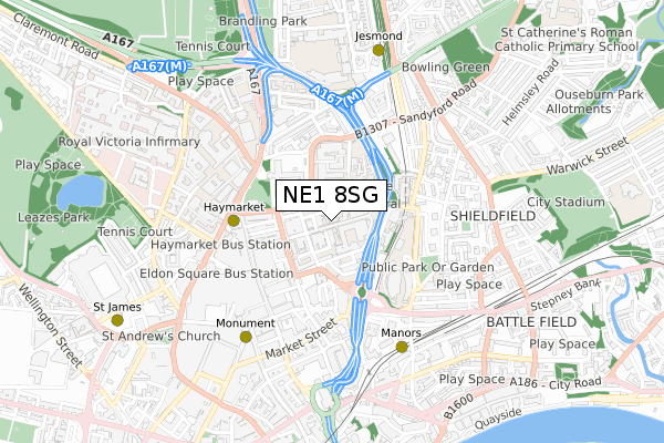NE1 8SG map - small scale - OS Open Zoomstack (Ordnance Survey)