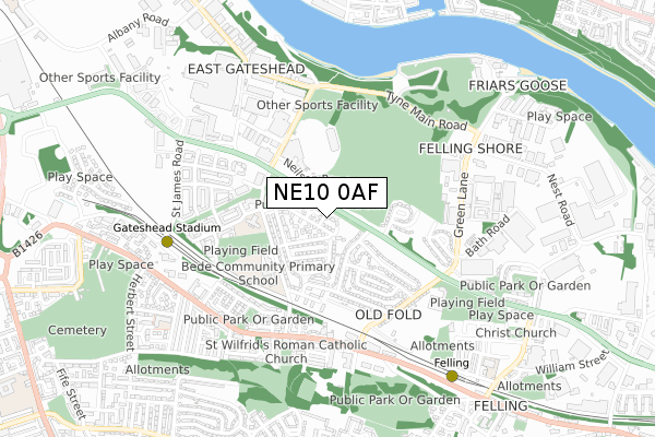 NE10 0AF map - small scale - OS Open Zoomstack (Ordnance Survey)